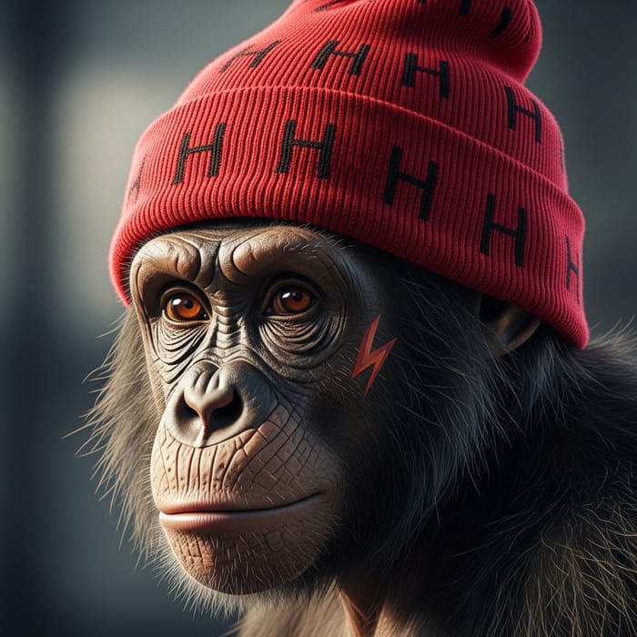 Edgy Ape in Red Beanie with 'H' Pattern & Face Lightning Bolt Tattoo Edgy Ape in Red Beanie with 'H' Pattern & Face Lightning Bolt Tattoo
