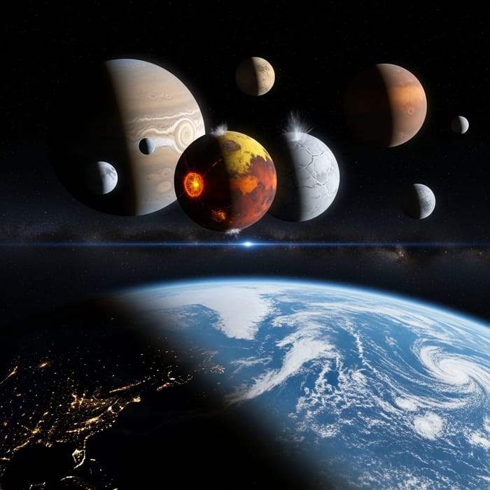 Earth with 6 Moons: Ganymede, Io, Europa, Titan in Sky Earth with 6 Moons: Ganymede, Io, Europa, Titan in Sky