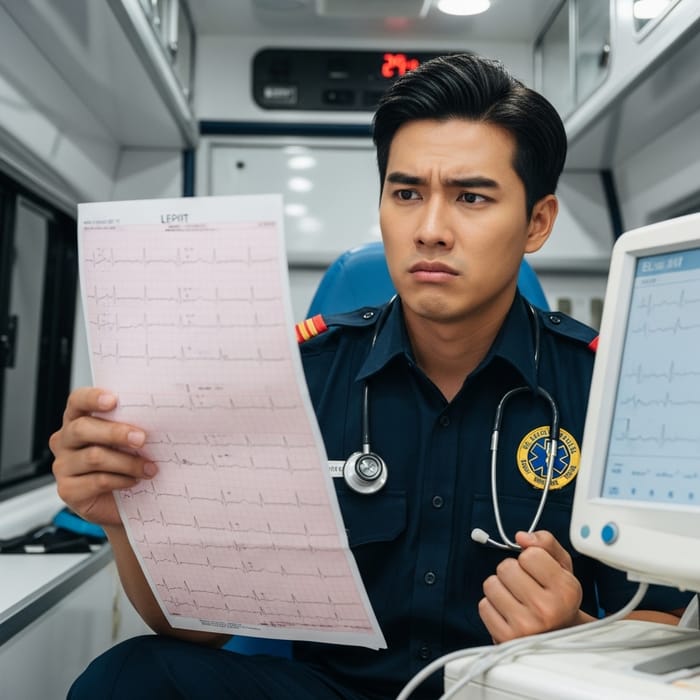 Concerned Paramedic Analyzing EKG Results | Health Condition Worries Concerned Paramedic Analyzing EKG Results | Health Condition Worries