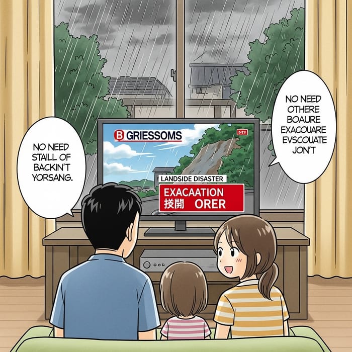 Japanese Manga Illustration: Family in Rainy Day TV Drama