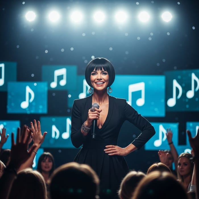 Fit Woman on Stage: Stylish Outfit with Microphone