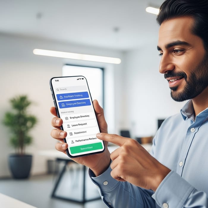 Human Resources App Featuring Person with Phone | Modern Design