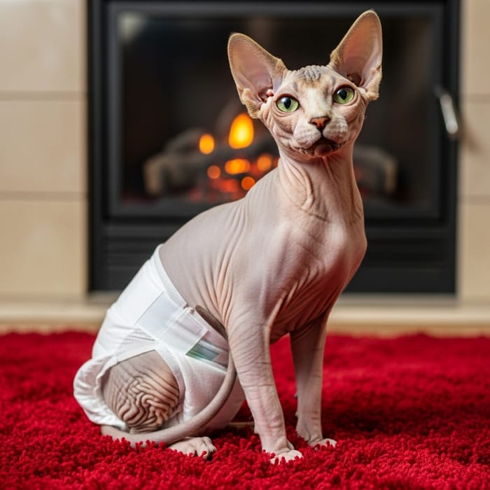 Cute Sphynx Cat in White Diaper Relaxing by the Fireplace
