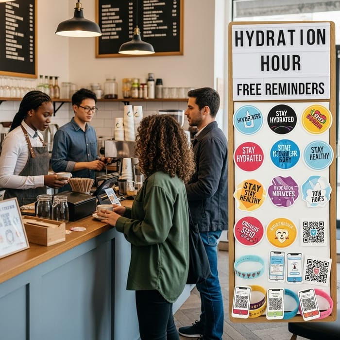 Hydration Hour at Vibrant Cafe: Colorful Reminders & Wristbands Hydration Hour at Vibrant Cafe: Colorful Reminders & Wristbands