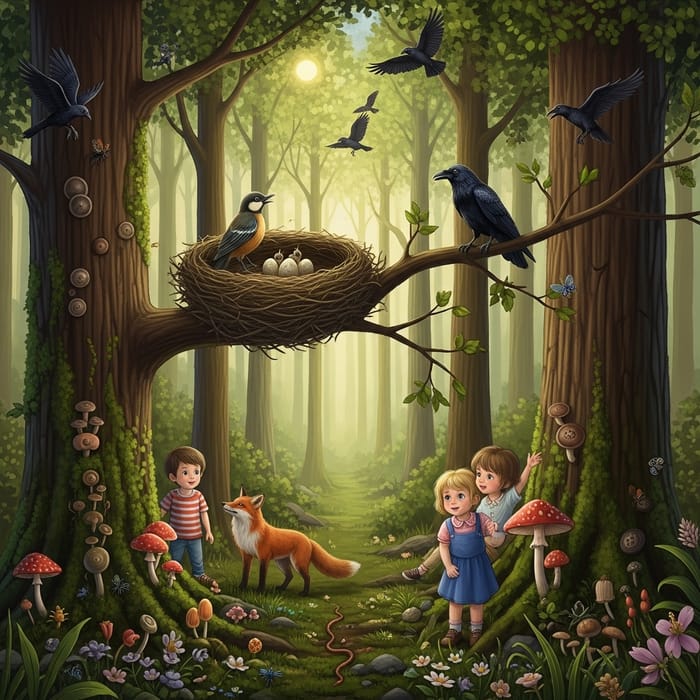 Magical Forest with Nest, Birds, Children, and Wildlife Magical Forest with Nest, Birds, Children, and Wildlife