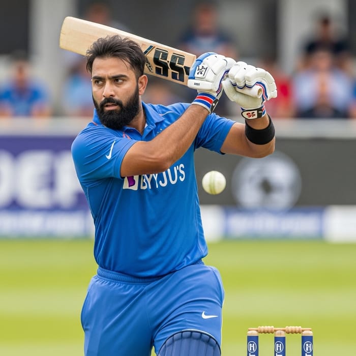 Powerful South Asian Cricket Player Batting in Blue Jersey Powerful South Asian Cricket Player Batting in Blue Jersey