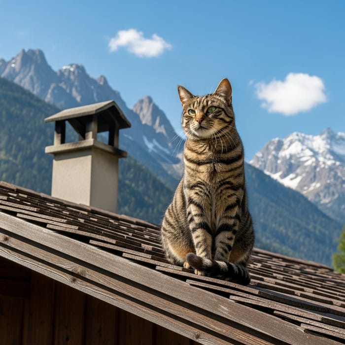 Tabby Cat Enjoying Mountain View from Rustic Roof Tabby Cat Enjoying Mountain View from Rustic Roof
