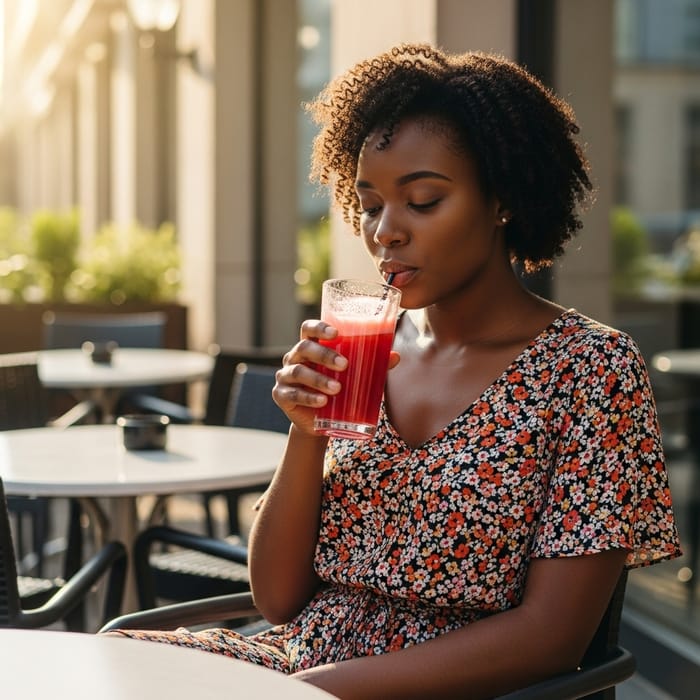 Tranquil Afternoon: Black Woman Savoring Fresh Juice at Cafe Patio