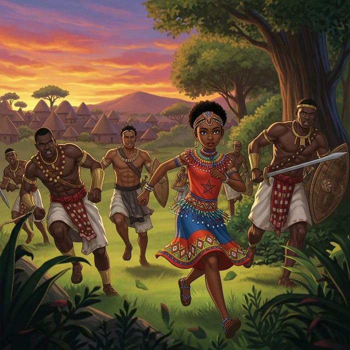 Brave Black Princess Evading Warriors in Lush African Forest