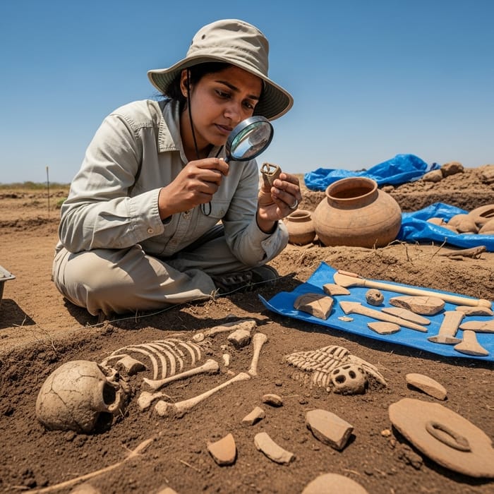 South Asian Female Archeologist with Magnifying Glass | Historical Excavation Site South Asian Female Archeologist with Magnifying Glass | Historical Excavation Site