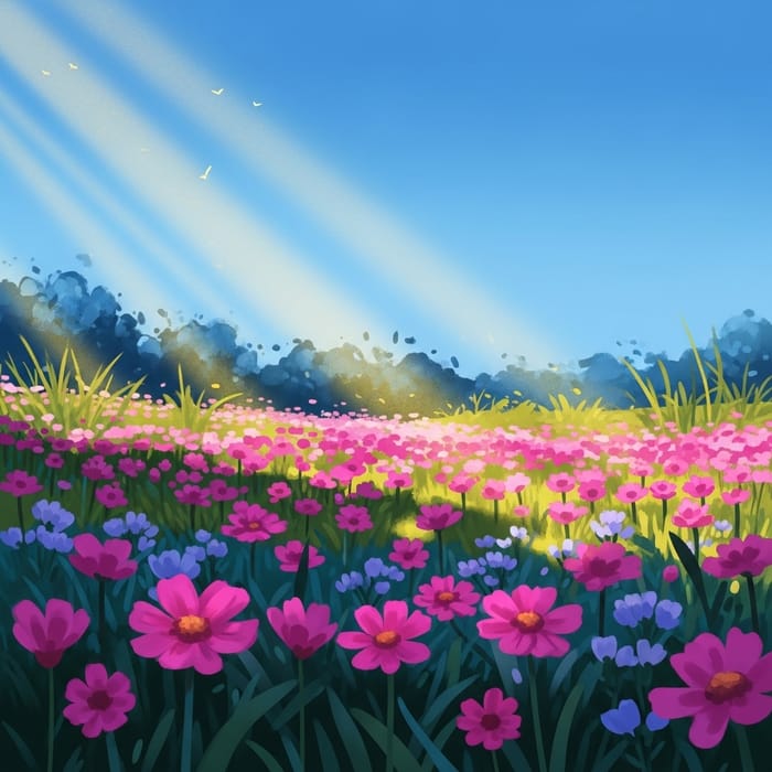 Vivid Pink and Purple Flowers | Green & Blue Nature Scene