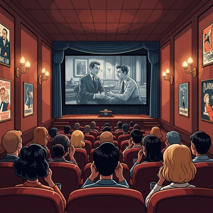 Vintage Cinema Scene with Diverse Moviegoers