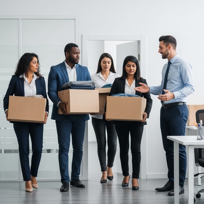 Office Workforce Dismissed: Emotional Scene of Diverse Layoffs Office Workforce Dismissed: Emotional Scene of Diverse Layoffs