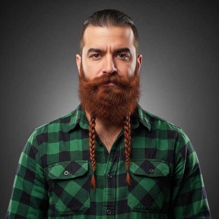 Stylish Lumberjack in Green Plaid Shirt with Red Braided Beard