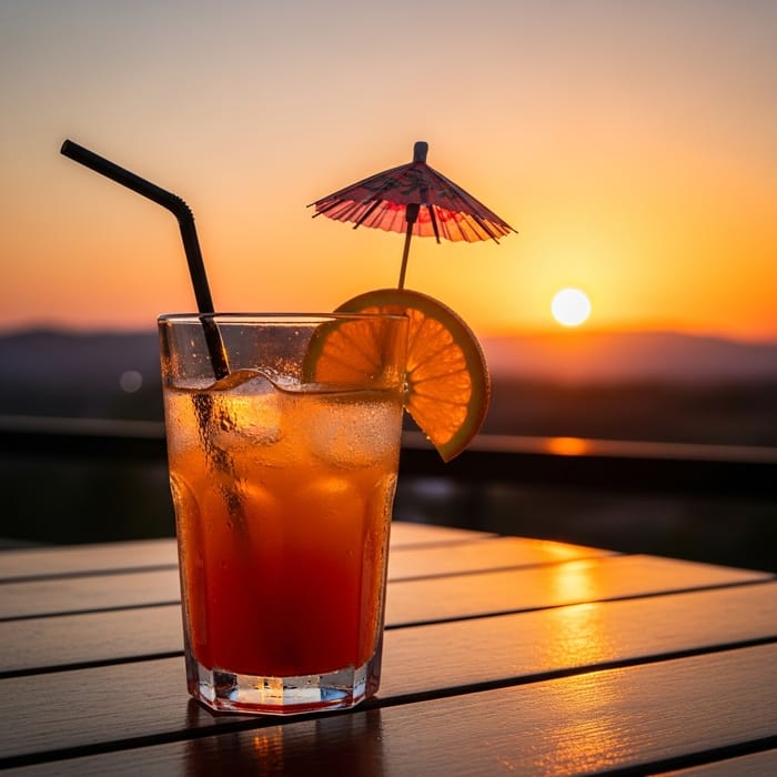 Icy Orange Juice with Fruit Garnish on Sunset Table Icy Orange Juice with Fruit Garnish on Sunset Table