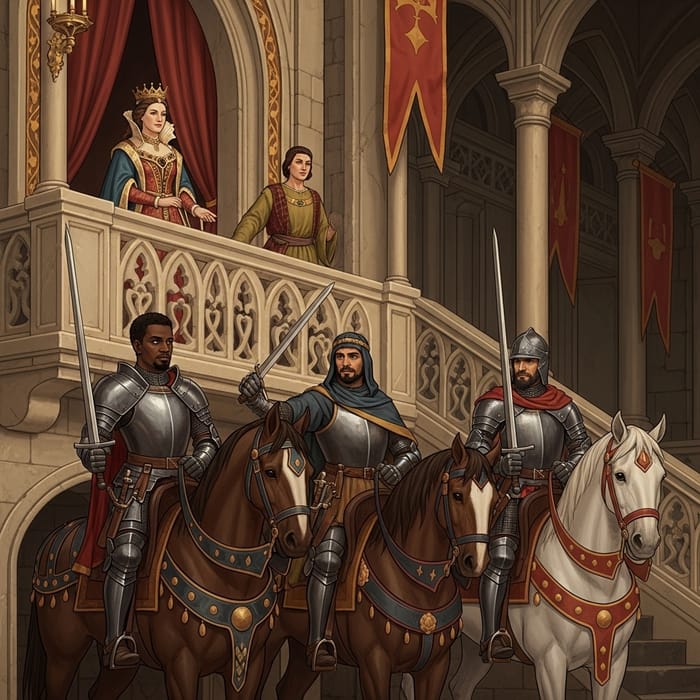 Renaissance Queen and Knights Artwork in Majestic Castle Scene Renaissance Queen and Knights Artwork in Majestic Castle Scene