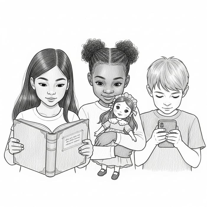 Charming Pencil Sketch of Kids Engrossed in Play