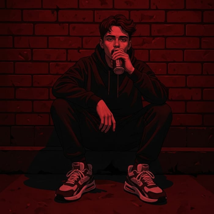 Brooding Man in Dark Clothing Sipping Energy Drink in High-Contrast Style