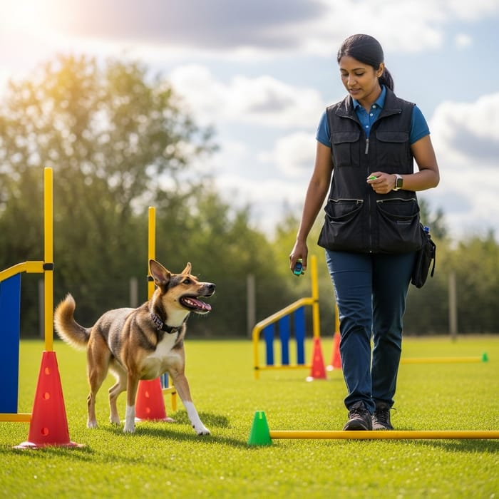 Positive Reinforcement Dog Training with Enthusiastic Canine and South Asian Trainer Positive Reinforcement Dog Training with Enthusiastic Canine and South Asian Trainer