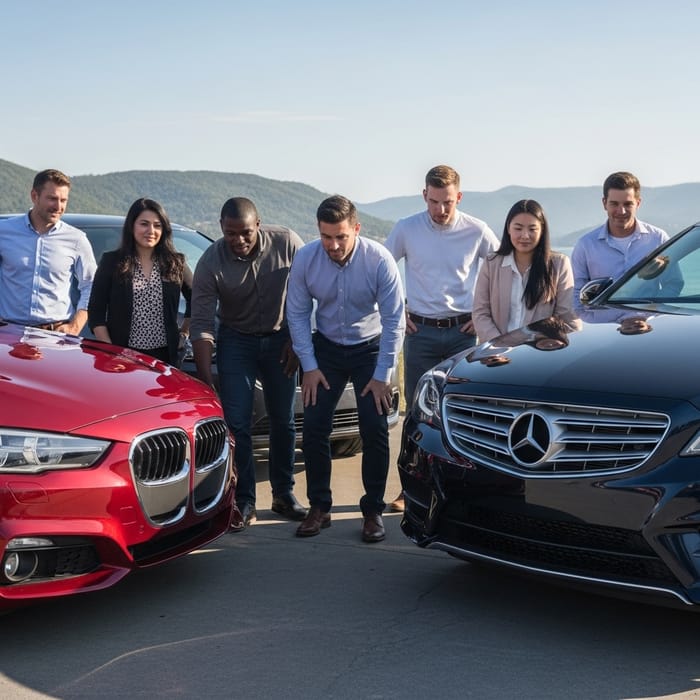Diverse Group Admiring Cars - Seven Individuals Together