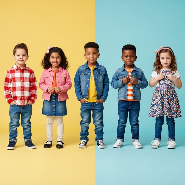 5 Fashionable Kids | Colorful Clothing Styles & Diverse Background 5 Fashionable Kids | Colorful Clothing Styles & Diverse Background