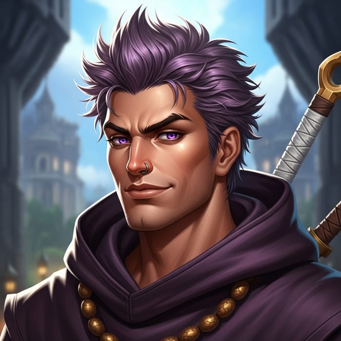 Confident Male Monk with Striking Features and Violet Hair in Fantasy Genre Confident Male Monk with Striking Features and Violet Hair in Fantasy Genre