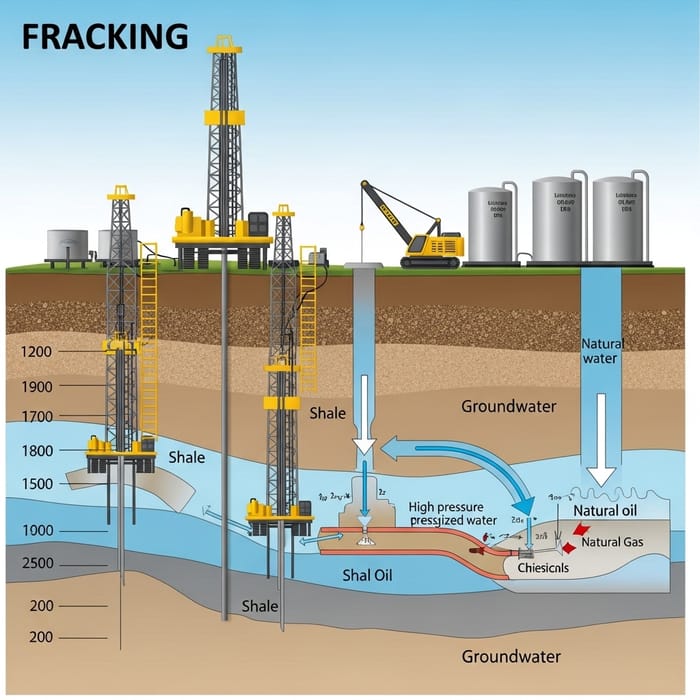 Fracking Diagram: Earth Layers, Drilling Rigs & Hydraulic Fracturing