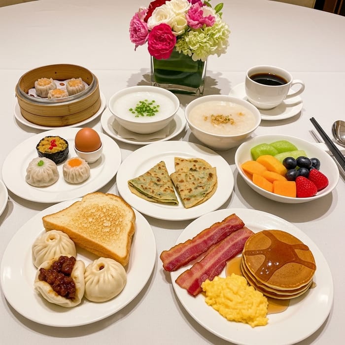 Delicious Breakfast Spread: Traditional Chinese & Western Cuisines Delicious Breakfast Spread: Traditional Chinese & Western Cuisines
