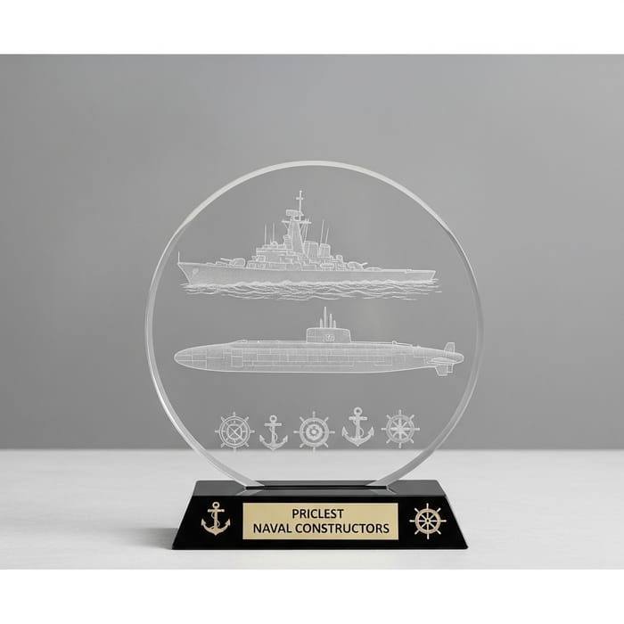 Sophisticated Transparent Acrylic Prism Trophy with Warship and Submarine Design Sophisticated Transparent Acrylic Prism Trophy with Warship and Submarine Design