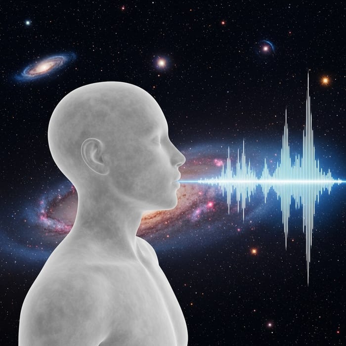 Ephemeral Body Breathes Life: Soundscape Waveform on Cosmic Backdrop Ephemeral Body Breathes Life: Soundscape Waveform on Cosmic Backdrop