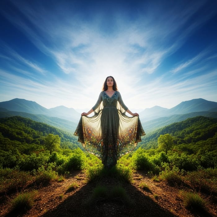 Hispanic Woman Bridging Sky and Earth in Harmony Hispanic Woman Bridging Sky and Earth in Harmony