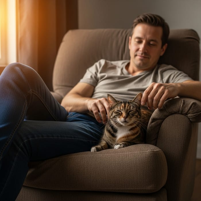 Man Relaxing with Cat on Armchair