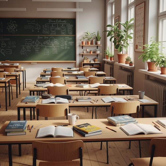 Bright Classroom Setup with Plants, Chalkboard, Chairs, and Tables