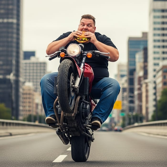 Overweight man performing motorcycle wheelie while eating a burger Overweight man performing motorcycle wheelie while eating a burger