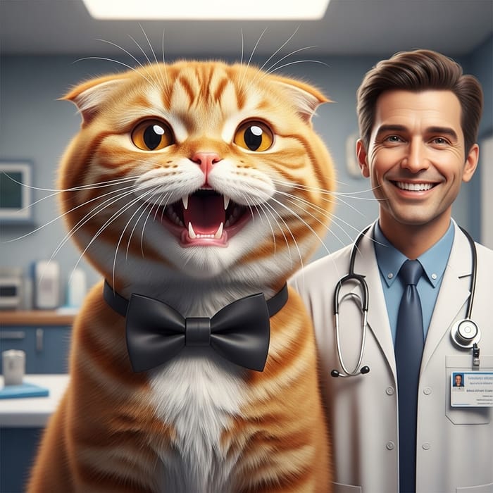Realistic and Aesthetic Scene: Happy Scottish Fold Cat with Doctor in Hospital