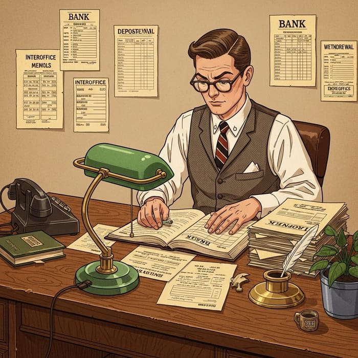 Vintage Business Assistant Organizing Bank Documents Vintage Business Assistant Organizing Bank Documents