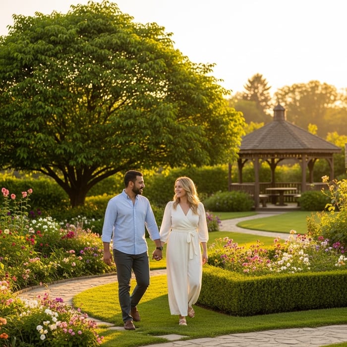Tranquil Garden Stroll with Multicultural Couple | Serene Outdoor Scene