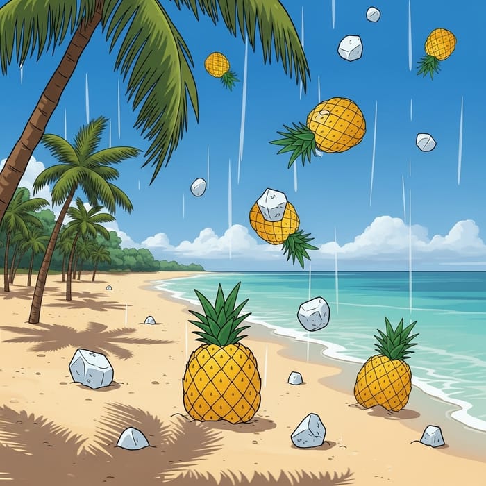 Cartoon Pineapple Hail on Beach: Whimsical Weather Scene