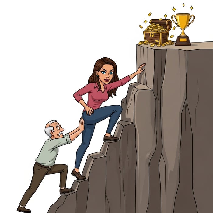 Brave Hispanic Woman Climbing Steep Cliff with Father's Support