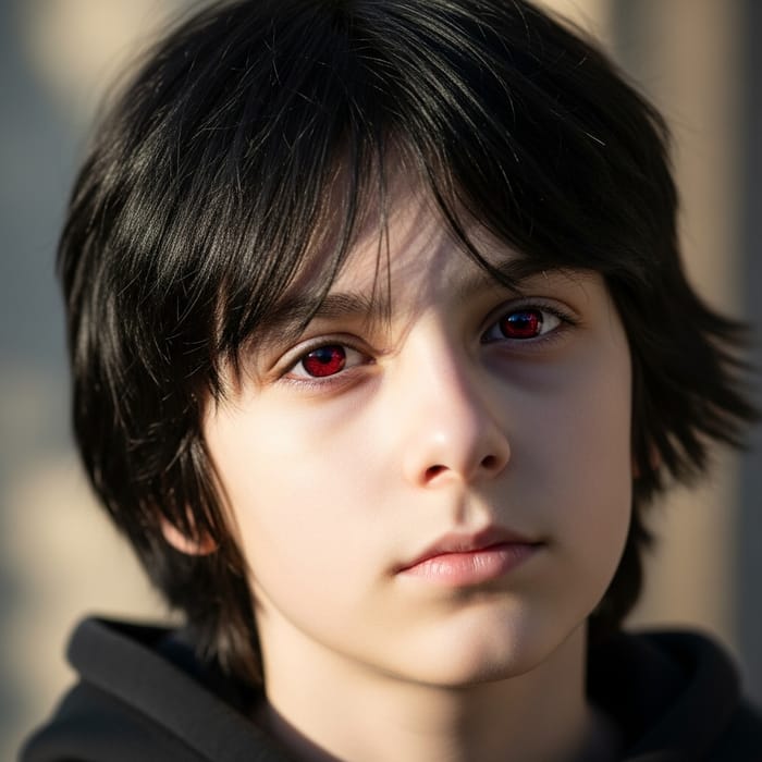 Enigmatic Pale Boy with Piercing Dark Red Eyes