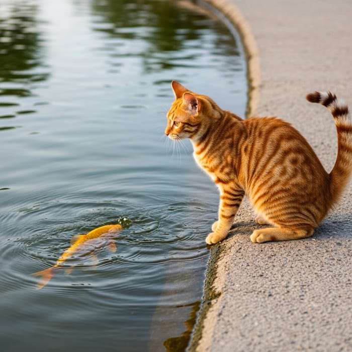Tabby Cat Watching Golden Fish by Tranquil Pond Tabby Cat Watching Golden Fish by Tranquil Pond