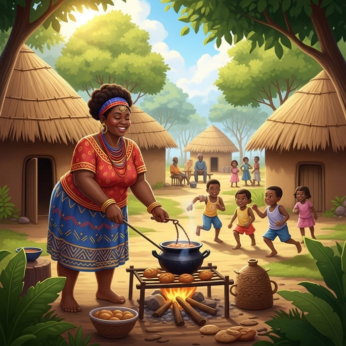 Fat African Woman Cooking in Village
