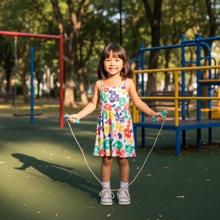 Happy Asian Girl Playing in Sunny Park