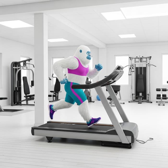 Whimsical Yeti Running on Treadmill in Gym | Unique Fitness Scene