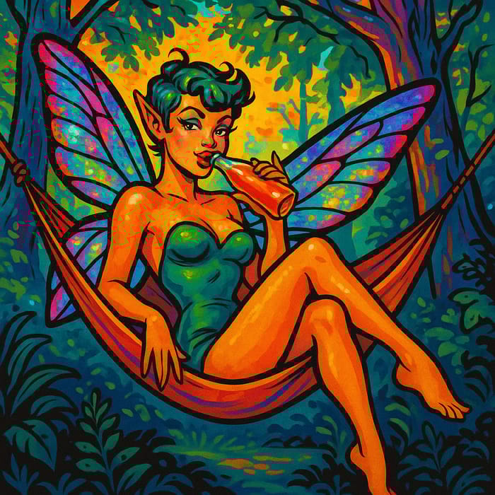 Iridescent Winged Pixie in Enchanted Hammock Art Iridescent Winged Pixie in Enchanted Hammock Art