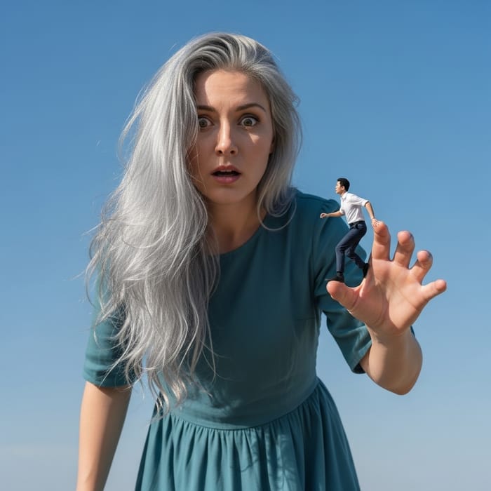 Surreal Colossal Woman and Tiny Climbing Figure