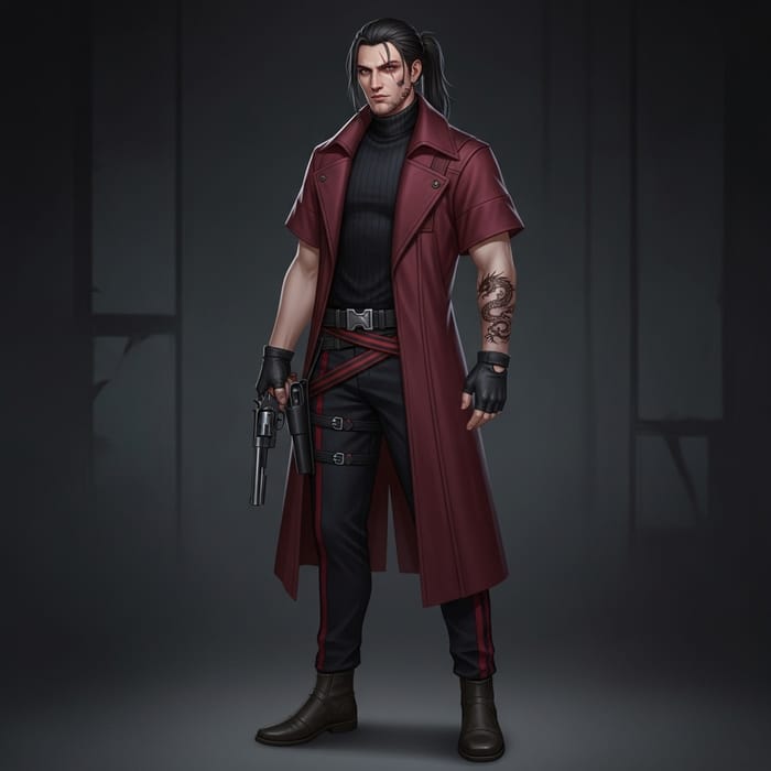Mysterious Man with Long Black Hair, Scar, and Dragon Tattoo