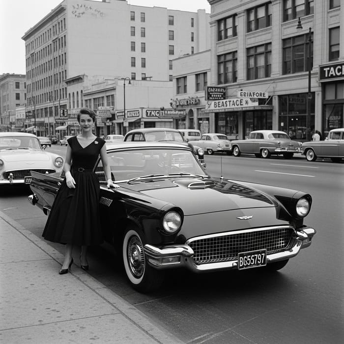 1957 Black Ford Thunderbirds with Woman in Timeless Black Dress 1957 Black Ford Thunderbirds with Woman in Timeless Black Dress