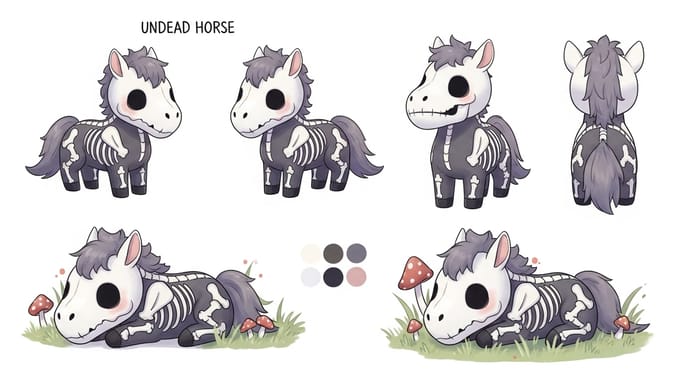 Chibi Undead Skeleton Plush Horse Reference Sheet: Cute & Whimsical Design Chibi Undead Skeleton Plush Horse Reference Sheet: Cute & Whimsical Design
