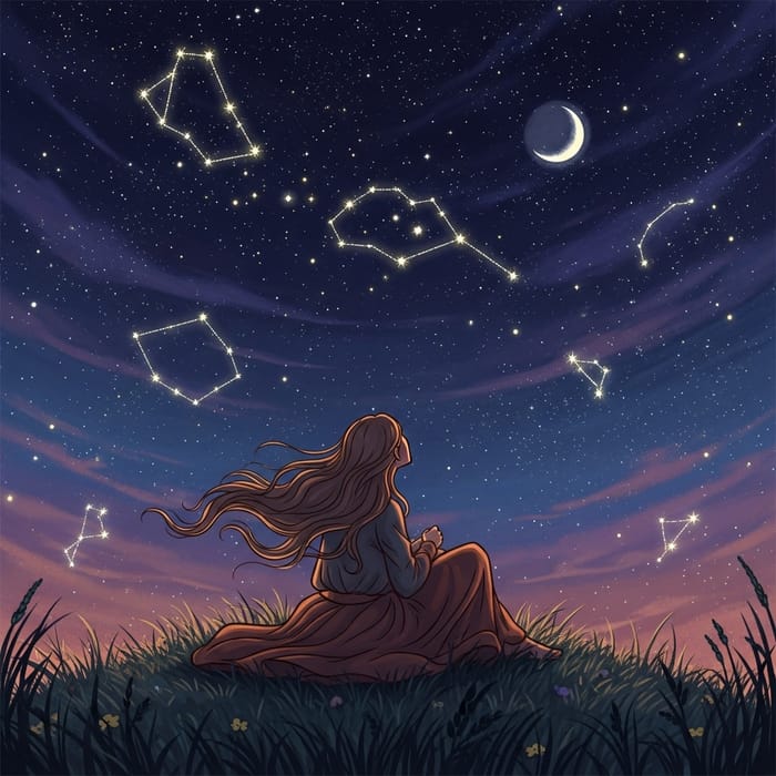 Woman Under Stars: A Peaceful Night's Reflection Woman Under Stars: A Peaceful Night's Reflection